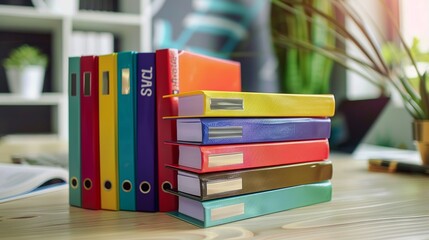 Colorful documents standing on table
