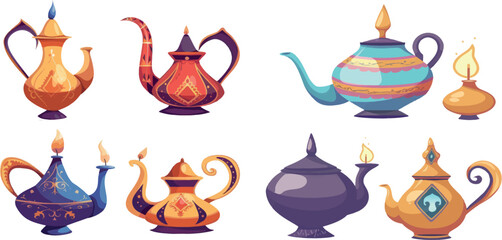 Cartoon arabic jugs. Moroccan teapot or bowl, antique aladdin lamp with genie - 797730725