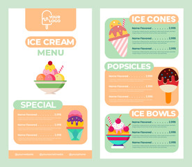 Ice cream menu template for restaurant or cafe