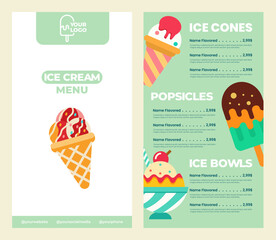 Green Ice cream menu template. Suitable for restaurant or cafe