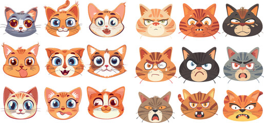 Funny cats face emtions. Cute funny cat characters faces, animals emtion set