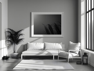 Minimalist Monochrome: White Frame Mockup on Sleek Sideboard with High-Contrast Photo