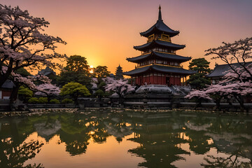Fototapeta premium Landscape with a classic Pagoda palace by the lake at sunset. Cherry blossom above mirror-like water surface. Amazing 3D landscape. Digital illustration. CG Artwork Background