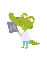 Cartoon animal doctor vector illustration isolated on white. Funny cute smiling crocodile character with x-ray snapshot. Fun health design for school, kindergarten, pediatric clinics and hospitals