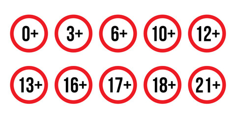 Age restriction signs set, red circle line isolated badge of different age limit