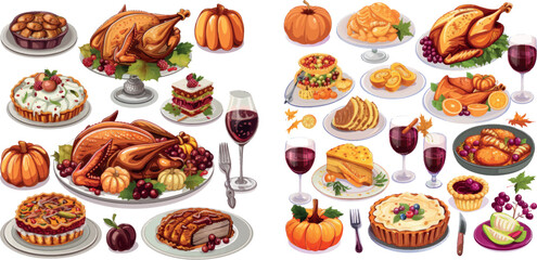 Thanksgiving day dishes. Festive turkey dinner, autumn meals buffet with pumpkin piece pie wine fall - 797731524