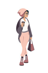 Woman drinking coffee vector isolated character. Young girl with coffee going at street in big city. People enjoy hot drinks. Morning time. Take away concept