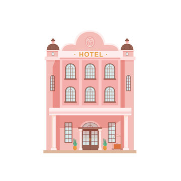 Hotel building vector illustration. Modern five star hotel facade. Front view of entrance in hostel or apartments. Public urban infrastructure infographics
