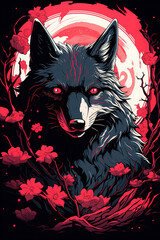 Wolf against the background of the red moon and flowering branches - obrazy, fototapety, plakaty