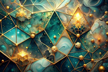 In this digital art, golden geometric shapes merge with celestial clouds, ideal for abstract concepts of cosmos and mysticism, for versatile background use.