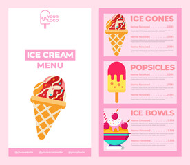 cute pastel pink ice cream menu template for restaurant, shop, and cafe