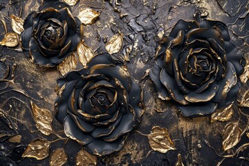 Abstract background of black and gold roses, where the luxurious play of color creates a dramatic and opulent visual texture. - obrazy, fototapety, plakaty