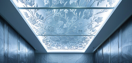 Translucent resin ceiling tiles embedded with delicate floral patterns.