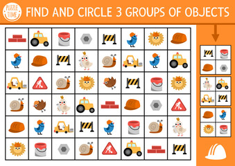 Construction site seek and find game. Attention skills training puzzle with workers, tools, signs, vehicles. Building works printable activity or searching puzzle for kids. Find groups of objects.