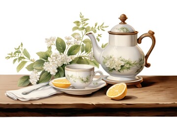Fototapeta premium A pitcher of tea and a white mug on a wooden table art porcelain teapot.
