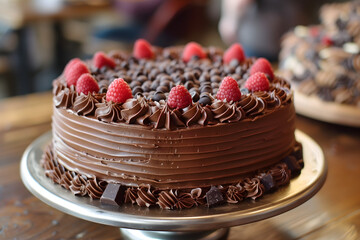 Close-up of a chocolate cake sitting atop a silver tray  - obrazy, fototapety, plakaty