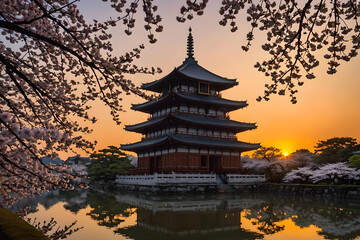 Landscape with a classic Pagoda palace by the lake at sunset. Cherry blossom above mirror-like water surface. Amazing 3D landscape. Digital illustration. CG Artwork Background