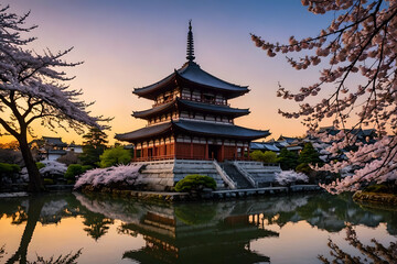 Landscape with a classic Pagoda palace by the lake at sunset. Cherry blossom above mirror-like water surface. Amazing 3D landscape. Digital illustration. CG Artwork Background - obrazy, fototapety, plakaty