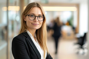 Portrait of a business woman in a suit standing with glasses on an office background, smiling and looking at the camera. 