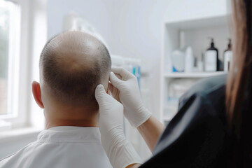 A man with alopecia is examined by a trichologist, the problem of hair loss, trichology, alopecia. A photograph of the back of a man's head being examined by a doctor.