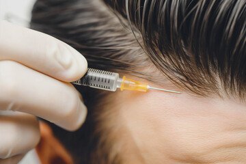 Close-up photo of a man undergoing hair injections, hair loss prevention, trichology, alopecia.