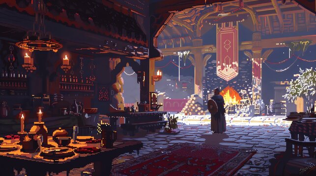 A pixelated Viking feast in a great hall with a roaring fire and storytelling