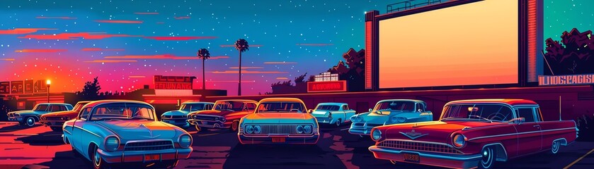 Pixel art classic 1950s drive-in cinema with vintage cars and a giant screen