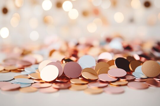 The image features a collection of scattered, multicolored metallic confetti on a surface with softly blurred, warm lights in the background.