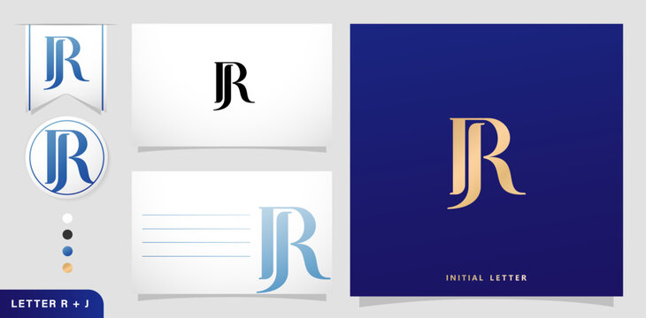a set of business cards with the letter RJ, Luxury Initial Letters R and J Logos Designs in Blue Colors for branding ads campaigns, letterpress, embroidery, covering invitations, envelope sign symbols