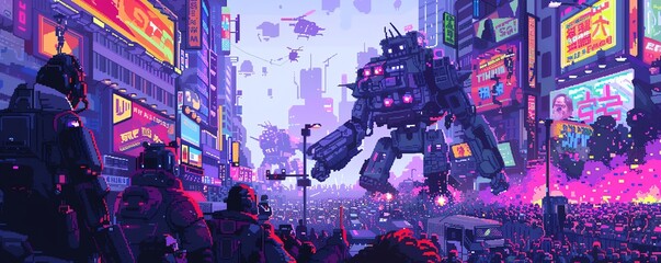 Pixel art futuristic robot competition with battling bots and cheering crowds