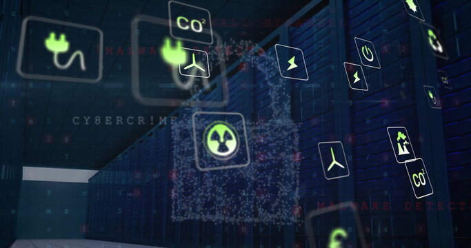 Image of eco icons and data processing over computer servers