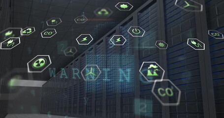 Image of eco icons and data processing over computer servers