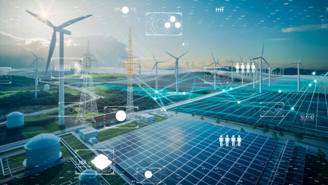 A vision of sustainable energy, wind turbines and solar panels interlaced with digital interfaces, symbolizing innovation in green technology