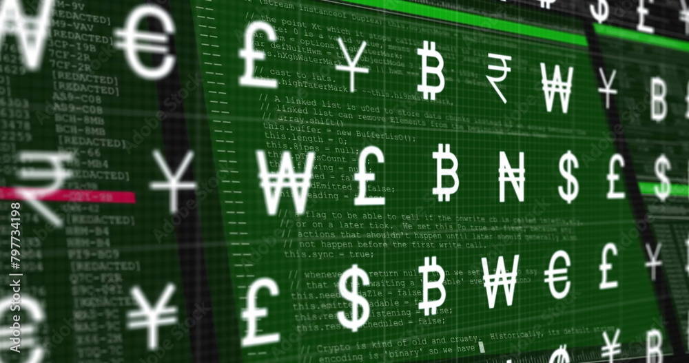 Poster image of currency symbols and data processing over screen