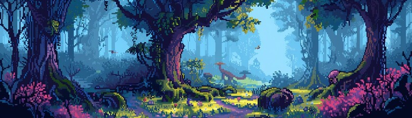Pixel art mystical enchanted forest with hidden paths, magical creatures, and ancient trees