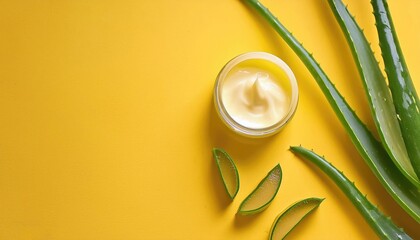 A jar of cream and chopped aloe leaves on a yellow background, neatly stacked side by side, facial care, cosmetologist - obrazy, fototapety, plakaty
