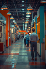 Fototapeta premium A man in a grey shirt walks away in a vibrant office hallway, showcasing a modern workspace atmosphere