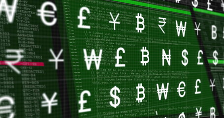 Image of currency symbols and data processing over screen