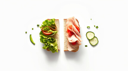Scrumptious sandwich with fresh ingredients on white. Great for highlighting culinary skills or promoting sandwich-related items.