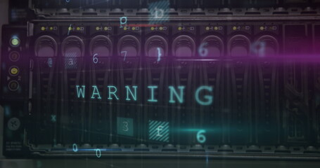 Fototapeta premium Image of digital interface with cyber attack warning text over detail of computer server