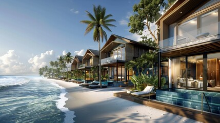 A row of highend pool villas at a tropical resort, each facing the gentle waves of a sandy beach - obrazy, fototapety, plakaty