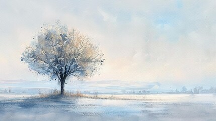 A tranquil pastel watercolor of a lone tree, its branches whispering stories in a silent landscape