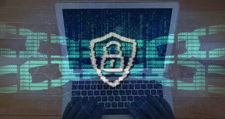 Image of digital interface data processing with online security over laptop computer screen