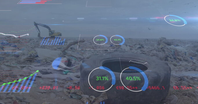 Image of statistics recording over digger in rubbish disposal site