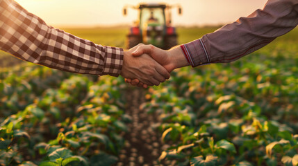 Two farmers shaking hands in a lush field at sunset, with a tractor in the background.