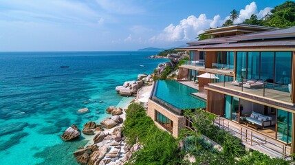 Exclusive pool villas at a luxury resort, each with direct access to a private beach and turquoise sea - obrazy, fototapety, plakaty
