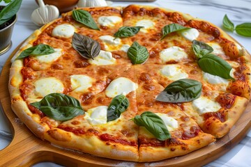 Freshly Baked Margarita Pizza with Basil: Traditional Rustic Meal Featuring Fresh Mozzarella