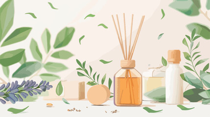 Natural air freshener and essential oil on light background