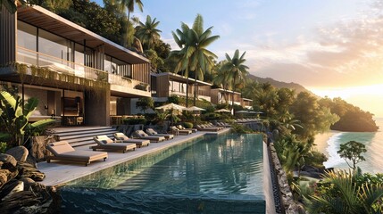 Luxury tropical resort with modern pool villas cascading towards a pristine, sunlit beach - obrazy, fototapety, plakaty