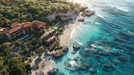 Overhead view of a sprawling luxury resort on a secluded beach, the ocean gleaming under the afternoon sun - obrazy, fototapety, plakaty
